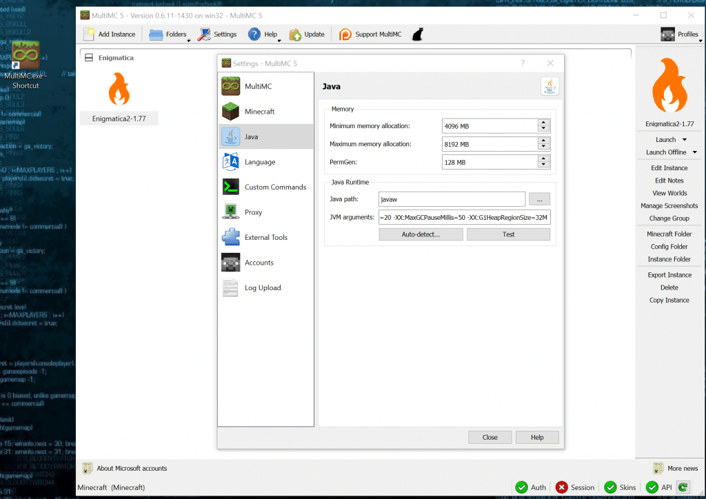 Minecraft Enigmatica 2: MultiMC Java Arguments