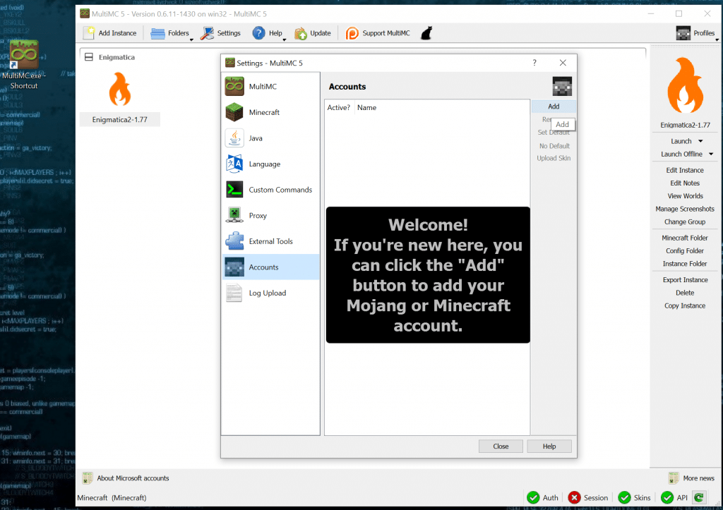 Minecraft Enigmatica 2: MultiMC Add Account
